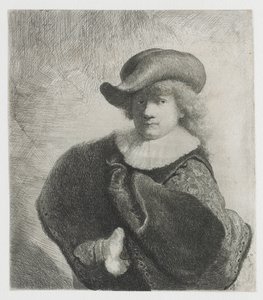 Autoportrait avec un chapeau mou et un manteau à motifs