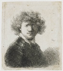 Autoportrait avec cheveux bouclés et col blanc : buste - Rembrandt van Rijn