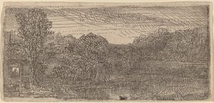 Petit paysage gris : une maison et des arbres près d