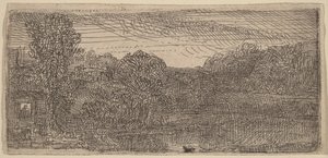 Petit paysage gris : une maison et des arbres au bord d