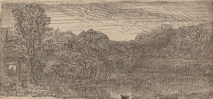 Petit paysage gris: une maison et des arbres près d