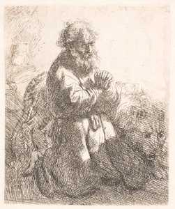 Saint Jérôme à genoux en prière, regardant vers le bas - Rembrandt van Rijn