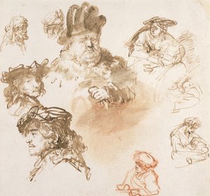 Études de têtes de vieux hommes et trois femmes avec enfants, vers 1635-36 - Rembrandt van Rijn