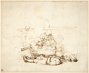 La Sainte Famille endormie, avec des anges, 1645 - Rembrandt van Rijn