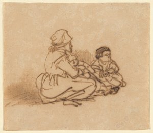 Femme assise par terre avec deux enfants - Rembrandt van Rijn