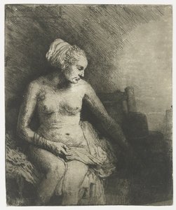 Femme au bain avec un chapeau à côté - Rembrandt van Rijn