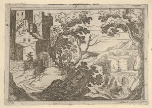 Paysage avec des bâtiments à gauche et un pont à droite en bas, ca. 1620-50 - Remigio Cantagallina