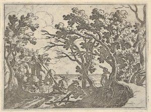 Paysage avec pêcheur à terre et observateur masculin sous les arbres, un homme dans un bateau - Remigio Cantagallina
