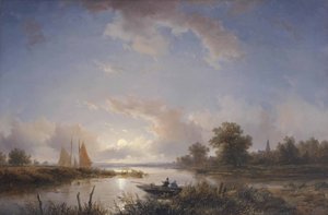Pêcheurs dans un bateau à rames au crépuscule