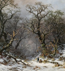 Chasseurs dans la forêt en hiver