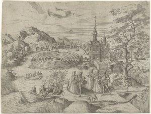 Paysage avec groupe montant dans un bateau