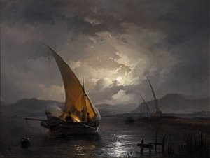 Paysage nocturne avec un voilier où un feu est allumé, après 1860