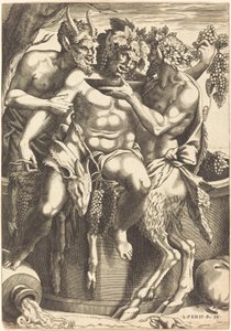 Deux satyres donnant à boire à Bacchus - René Boyvin after Luca Penni