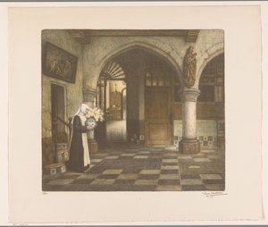 Nonne dans un cloître avec un vase de fleurs