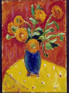 Bouquet de pivoines dans un vase bleu