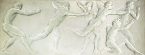 Panneau figuratif en verre moulé représentant six athlètes masculins nus