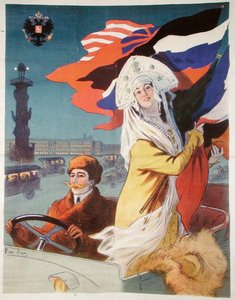 Couple dans une voiture à moteur à Saint-Pétersbourg, affiche publicitaire pour une voiture française destinée au marché russe, c.1912 (lithographie en couleur) - Rene Pean
