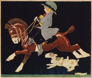 Fille montant un poney rapide, suivie de chiens
