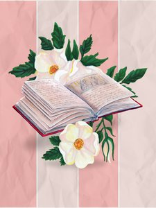 Livres ouverts et roses délicates
