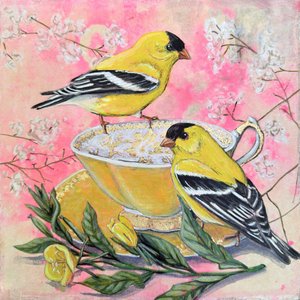 Chardonnerets printaniers et tasse à thé - Renee Machan Cottagecore Artist