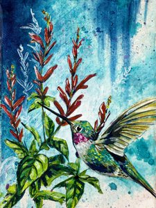 « Hover » : colibri et fleurs de sauge ananas, par Renee Machan - Renee Machan Cottagecore Artist