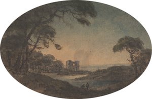 Paysage avec deux hommes et une ruine de château sur la rive - Rev. William Gilpin