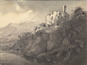Paysage avec un château sur une colline à droite