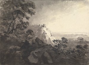 Paysage avec un château sur une colline au centre