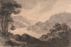 Paysage montagneux avec rivière, arbres et feuillage au premier plan