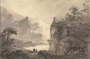 Paysage rocheux avec deux figures sur un chemin au centre