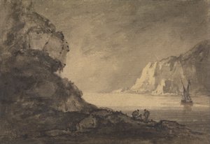 Scène de navigation avec trois figures sur le rivage