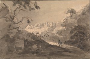 Deux figures sur une route avec château au centre de la distance