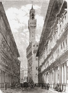 Les Offices, le Palazzo Vecchio et les statues de la Piazza della Signoria, Florence, Italie à la fin du 19e siècle. De 