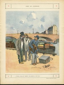Illustration de Ricardo Flores (1878-1918) dans Le Rire, 05/10/12 - Chez le coiffeur - Paris, Métiers, Architecture Urbanisme, Pont, Rivière Fleuve - Chien, Coiffeur