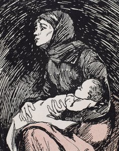 Veille de Noël. 1900. Une femme maigre avec son enfant dans les bras (gravure) - Ricardo Maria Navarrete