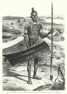 Guerrier Shuli entièrement équipé; village en arrière-plan (gravure) - Richard (after) Buchta
