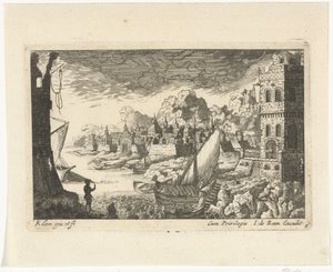 Vue de ville avec port de pêche et bateau accostant (Vues de villes et ports) - Richard Adam