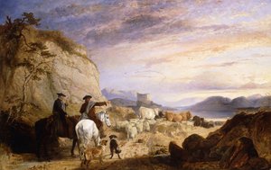 Conducteurs de troupeaux des Highlands et chiens conduisant leurs moutons et bovins dans un paysage rocheux boisé, 1846