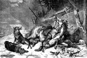 Voyageur à cheval attaqué par une meute de loups
