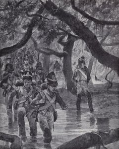 Soldats britanniques traversant les marais de la rivière Essequibo en Guyane britannique - Richard Caton II (after) Woodville