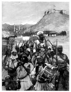Albanais de Scutari traversant la Boyana pour occuper Dulcigno, 1880