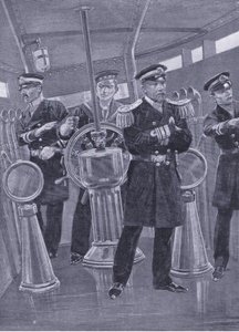 Amiral Togo dans la tour de commandement de son navire amiral, dirigeant une action navale, illustration de l