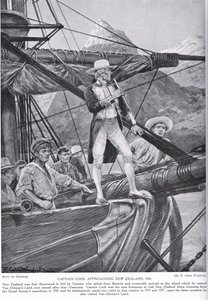 Le capitaine Cook approchant de la Nouvelle-Zélande, illustration de 