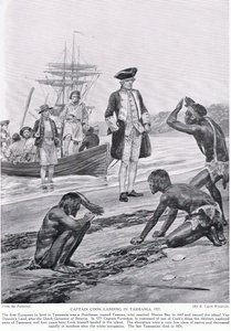 Le capitaine Cook débarquant en Tasmanie, 1777, illustration de 