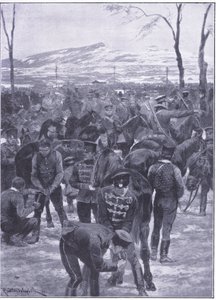 Campement de cavalerie japonaise à Séoul : Maréchaux-ferrants au travail, illustration de l