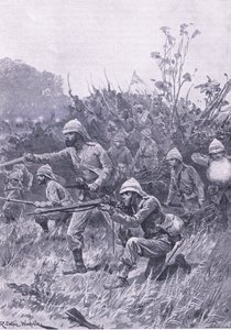 Avancée des forces britanniques dans la campagne Ashanti de 1873, illustration de British Battles on Land and Sea, 1915 - Richard Caton Woodville junior