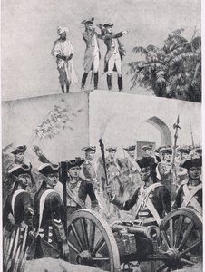 Bataille de Plessey, 23 juin 1757 : Clive sur le toit du pavillon de chasse de Nawab Surat-ud-Daula, illustration de British Battles on Land and Sea, 1915