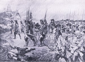 Blenheim, 13 août 1704 : Assaut du village, illustration de British Battles on Land and Sea, 1915 - Richard Caton Woodville junior
