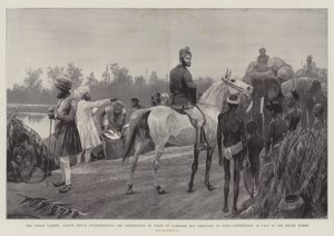 La famine en Inde, prince indigène supervisant la distribution de grains aux hommes affamés employés à la construction de réservoirs dans le cadre des travaux de secours