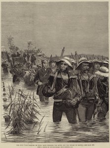 La guerre zouloue, marins du HMS Shah traversant la rivière pour le secours d